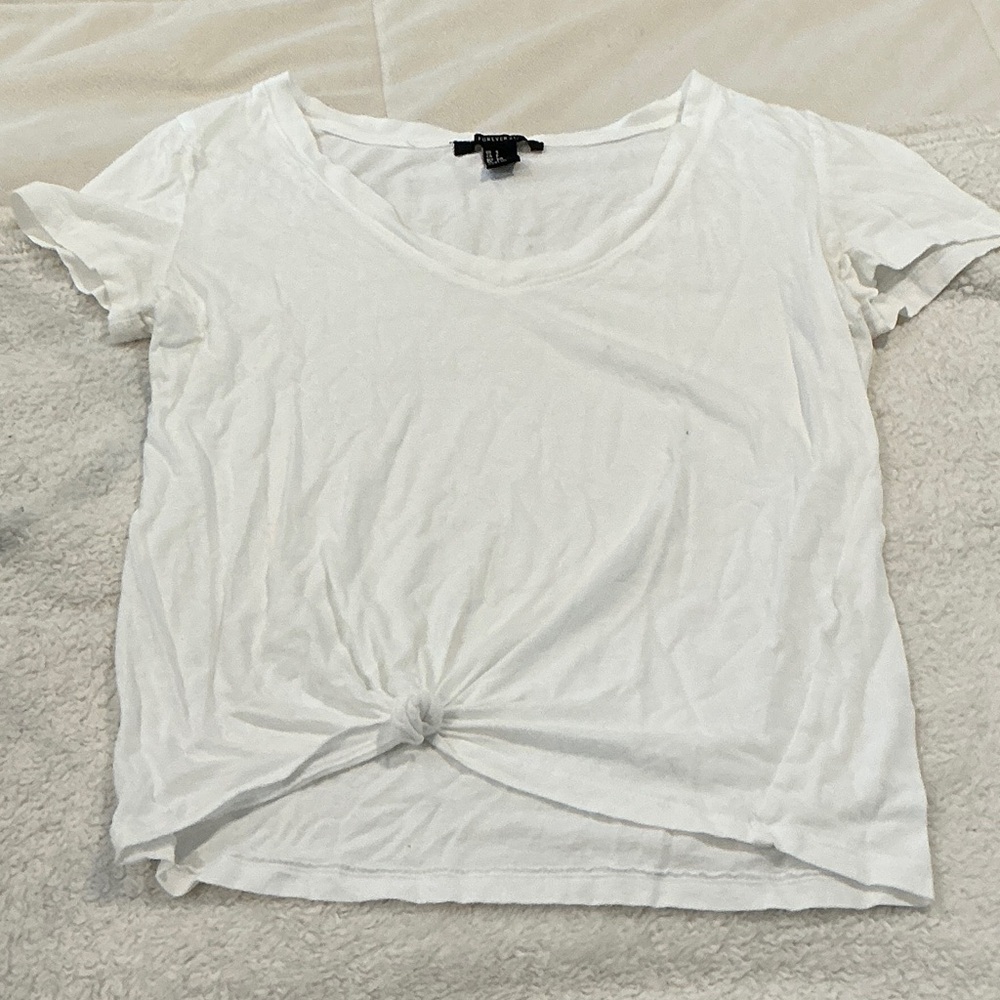 Forever 21 White Short Sleeve Tee with Knot Detail